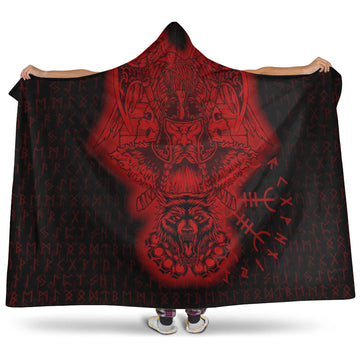 VikingStyle Hooded Blanket -Odin And Raven Wolf Red Viking Homeset Hooded Blanket A95