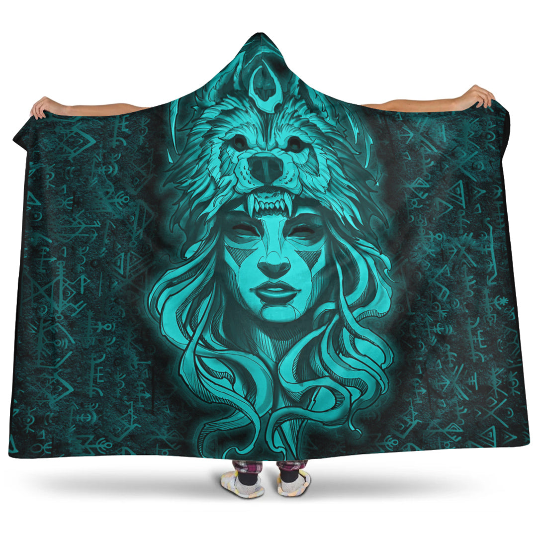 VikingStyle Hooded Blanket - Valkyries And Wolf Moon Turquoise Hooded Blanket A95