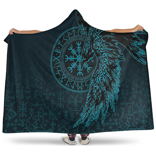 VikingStyle Hooded Blanket -Raven and Helm of Awe Cyan Hooded Blanket A94