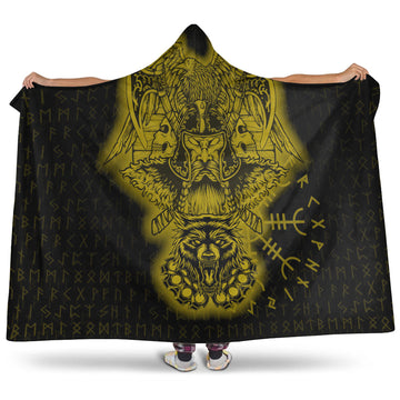 VikingStyle Hooded Blanket -Odin And Raven Wolf Gold Viking Homeset Hooded Blanket A95