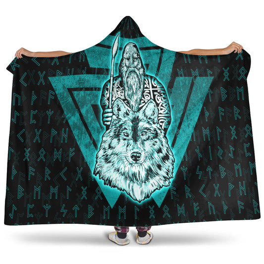 VikingStyle Hooded Blanket -Viking Odin Wolf Turquoise Hooded Blanket A95