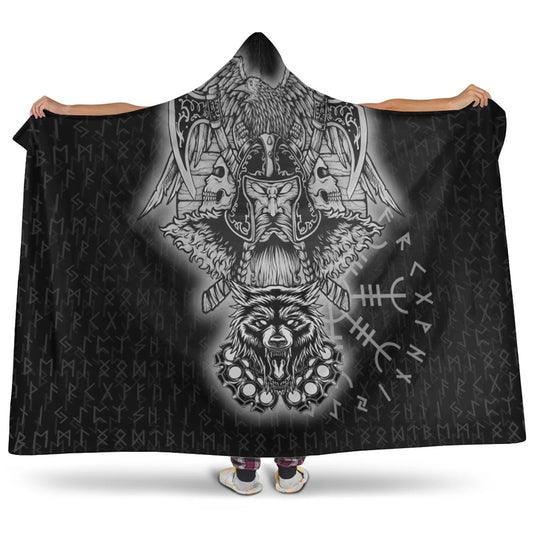 VikingStyle Hooded Blanket -Odin And Raven Wolf Viking Homeset Hooded Blanket A95