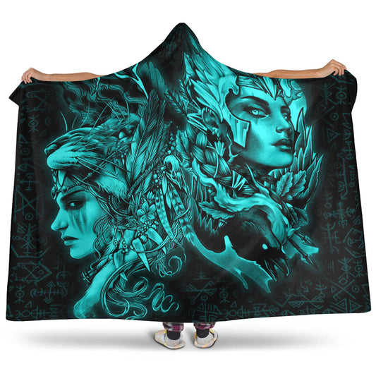 VikingStyle Hooded Blanket - Valkyries And Bear Raven Turquoise Maiden Hooded Blanket A95