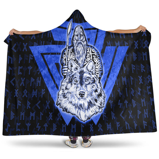 VikingStyle Hooded Blanket -Viking Odin Wolf Blue Hooded Blanket A95