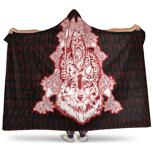 VikingStyle Hooded Blanket -Odin Wolf Viking Set Red Hooded Blanket A95