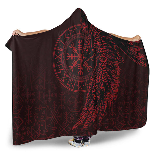 VikingStyle Hooded Blanket -Raven and Helm of Awe Red Hooded Blanket A94