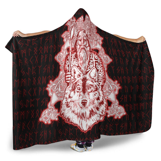 VikingStyle Hooded Blanket -Odin Wolf Viking Set Red Hooded Blanket A95