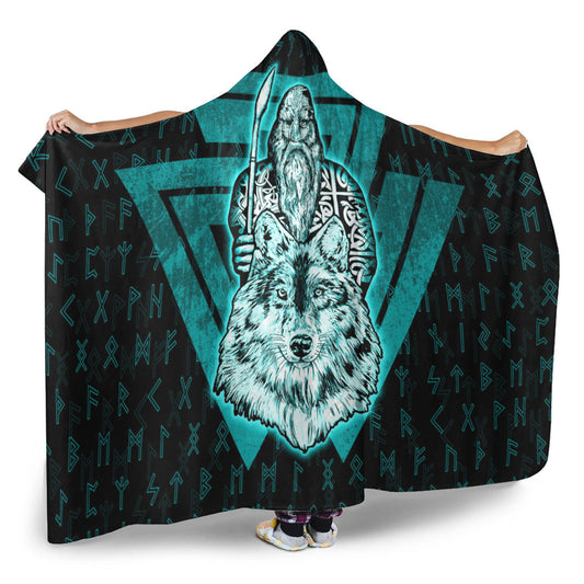 VikingStyle Hooded Blanket -Viking Odin Wolf Turquoise Hooded Blanket A95