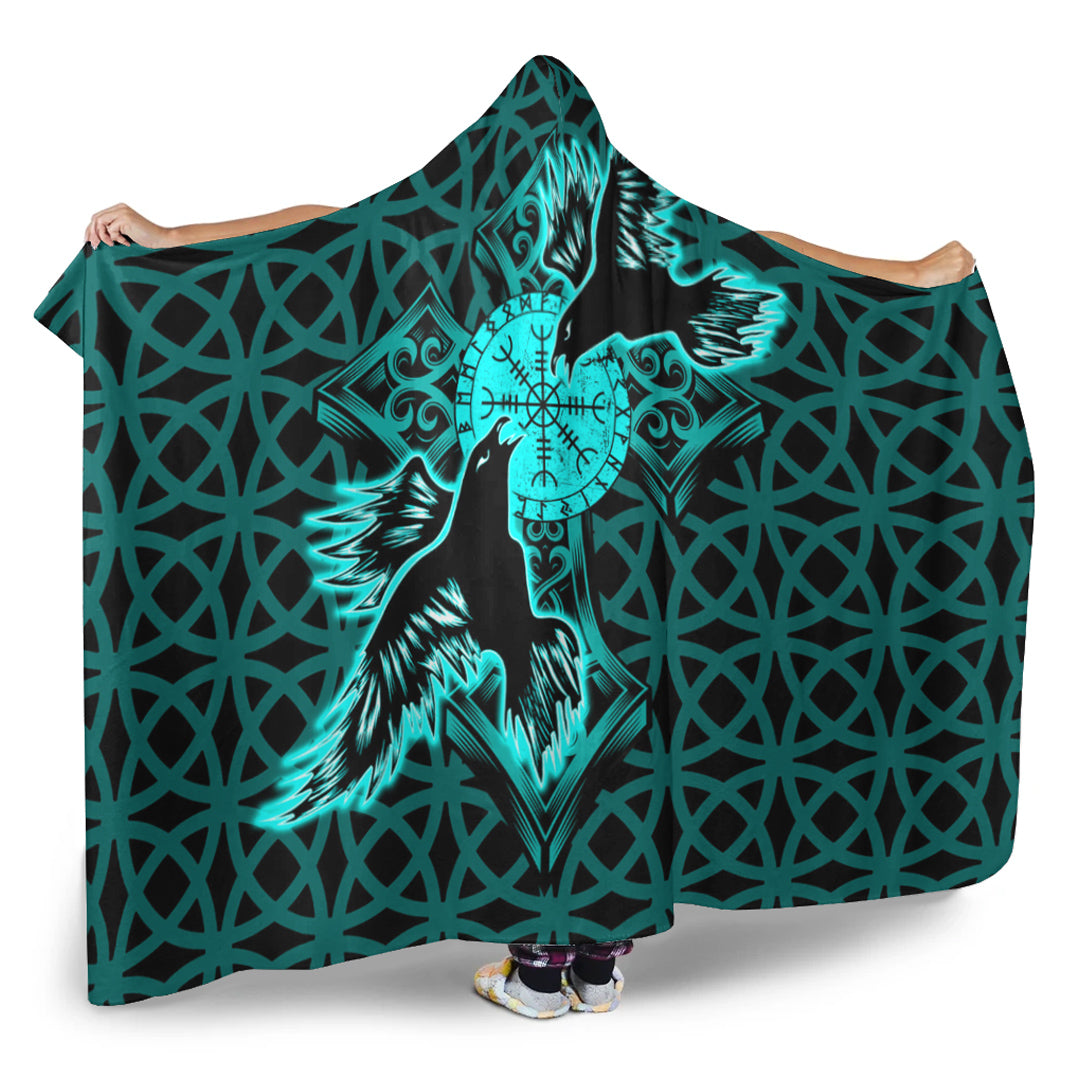 VikingStyle Hooded Blanket -Viking Raven Cross Turquoise Hooded Blanket A95