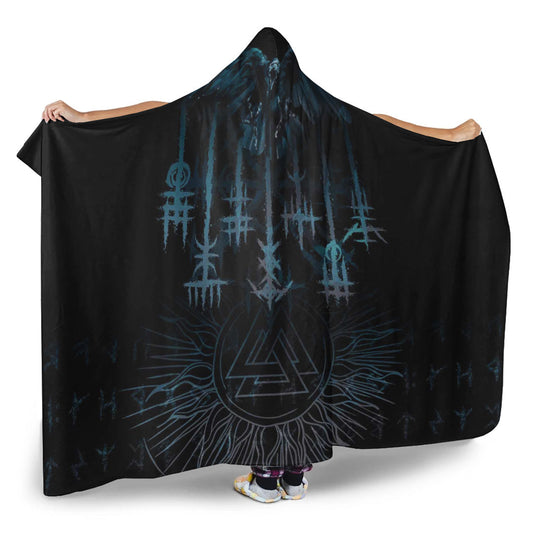 VikingStyle Hooded Blanket -Raven and Valknut Cyan Style  Hooded Blanket A94