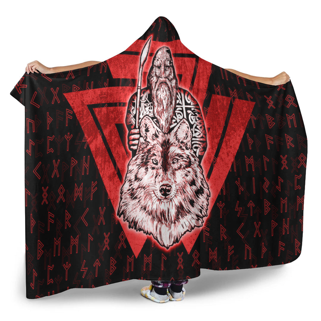 VikingStyle Hooded Blanket -Viking Odin Wolf Red Hooded Blanket A95