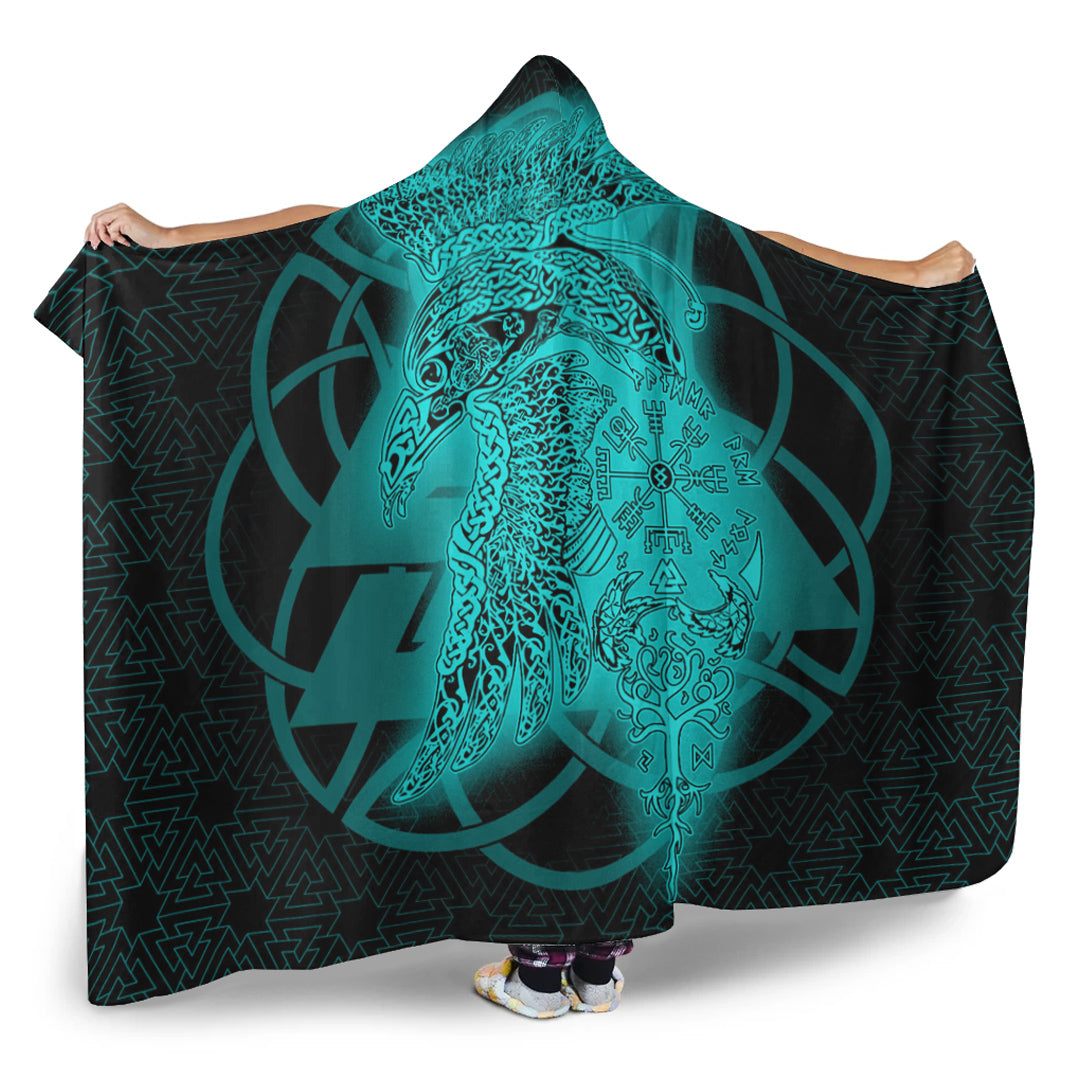 VikingStyle Hooded Blanket -Raven Valknut Turquoise Viking Homeset Hooded Blanket A95