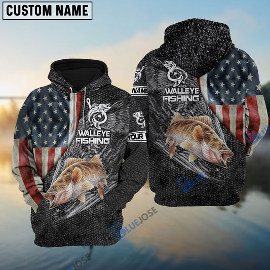 BlueJose Walleye American Flag Patriotic Customize Name Fishing Shirt