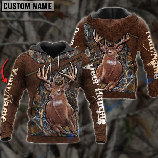 BlueJose Personalized Name Deer Hunting Brown Leather Pattern 3D Shirts