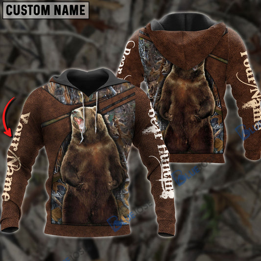 BlueJose Personalized Name Bear Hunting Leather Pattern 3D Shirts