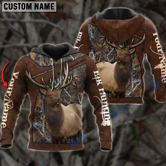 BlueJose Personalized Name Elk Hunting Brown Leather Pattern 3D Shirts