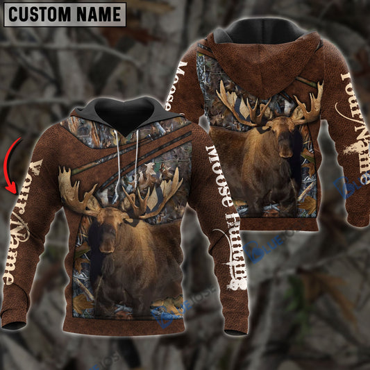 BlueJose Personalized Name Moose Hunting Brown Leather Pattern 3D Shirts