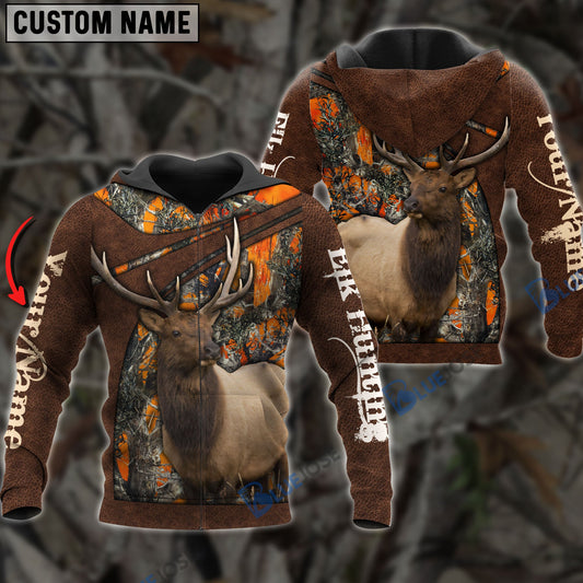 BlueJose Personalized Name Elk Hunting Orange Leather Pattern 3D Shirts