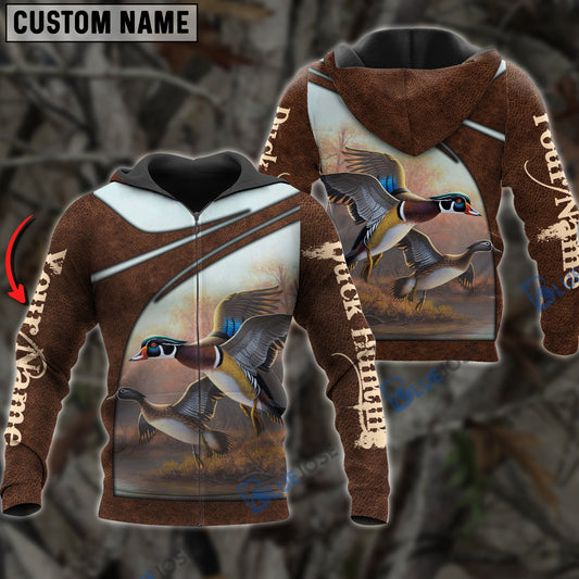 BlueJose Personalized Name Duck Hunting Leather Pattern 3D Shirts