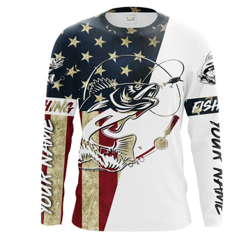 Bluejose Walleye Fishing American Flag Custom Long Sleeve Fishing Shirts, Personalized Patriotic Fishing Gifts  Clothing