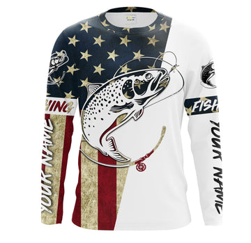 Bluejose Personalized Rainbow Trout Fishing American Flag Long Sleeve Fishing Shirts, Patriotic Fishing Gifts