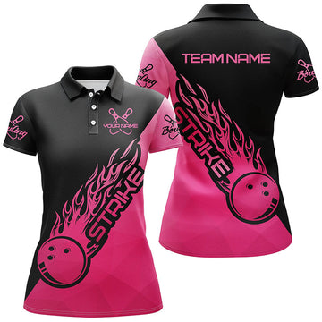 BlueJoses Black & Pink Bowling Strike Personalized All Over Printed Shirt For Women