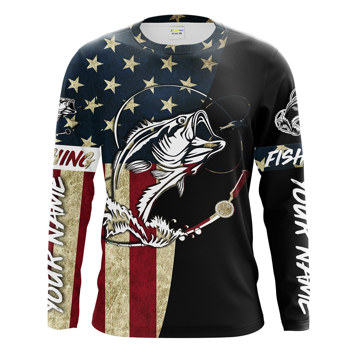 Bluejose Personalized Bass Fishing American Flag Personalized Name 3D Shirts
