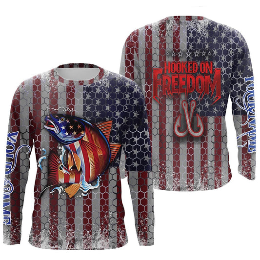Bluejose Redfish Puppy Drum Fishing American Flag Hooked On Freedom Customize Name Shirts