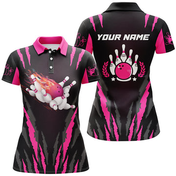 BlueJoses Pink Flame Bowling Ball & Pins Premium Customized Name 3D Shirt For Women