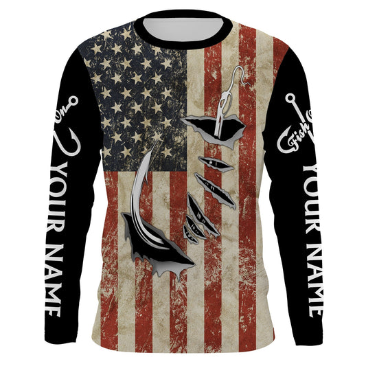 Bluejose Us Fishing 3D Fish Hook American Flag Patriotic Fish On   Quick Dry Customize Name Long Sleeves Shirts