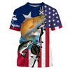 Bluejose Inshore Grand Slam Redfish, Speckled Trout, Flounder Texas American Flag Custom Name Fishing Shirts