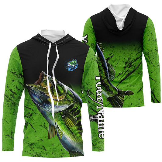 Bluejose Custom Green Largemouth Bass Fishing Jerseys, Personalized Bass Fishing Tournament Long Sleeve Shirt
