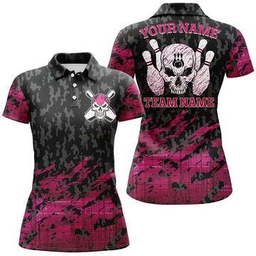BlueJose Pink Bowling Skeleton Customized Name All Over Printed Shirt For Women