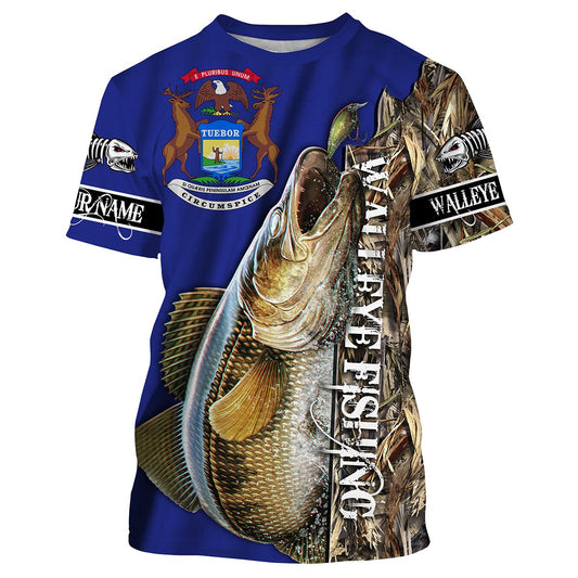 Bluejose Walleye Fishing Michigan Flag Customized Name 3D All Over Print Shirts Personalized