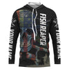 BlueJose Halloween American Flag Fish Skull Reaper Fishing Custom Name Long Sleeve Fishing Shirts