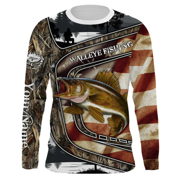 Bluejose Walleye Fishing Camo American Flag Patriotic Customize Name 3D Shirts