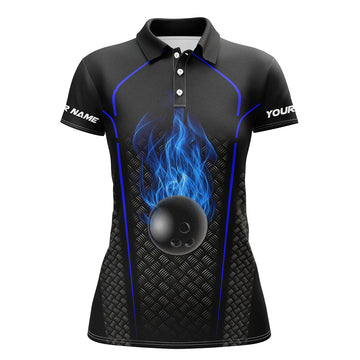 BlueJose Black And Blue Bowling Ball Fire Premium Customized Name 3D Shirt For Women Personalized Shirts For Bowling Players