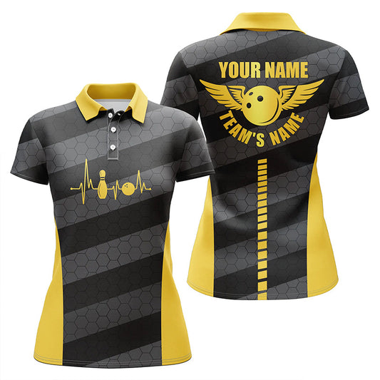 BlueJose Yellow And Grey Bowling Hexagon Pattern Premium Customized Name 3D Shirt For Women Personalized Shirts For Bowling Players