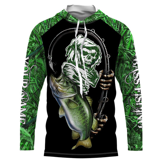 BlueJose Halloween Custom Name Bass Fishing Tattoos Fish Reaper Camo Green Long Sleeve