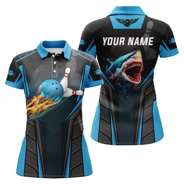 BlueJoses Cyan Bowling Fire Shark Customized Name All Over Printed Shirt For Women