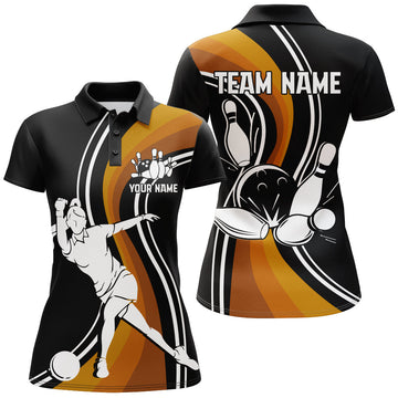 BlueJoses Black & Orange Bowling Personalized All Over Printed Shirt For Women