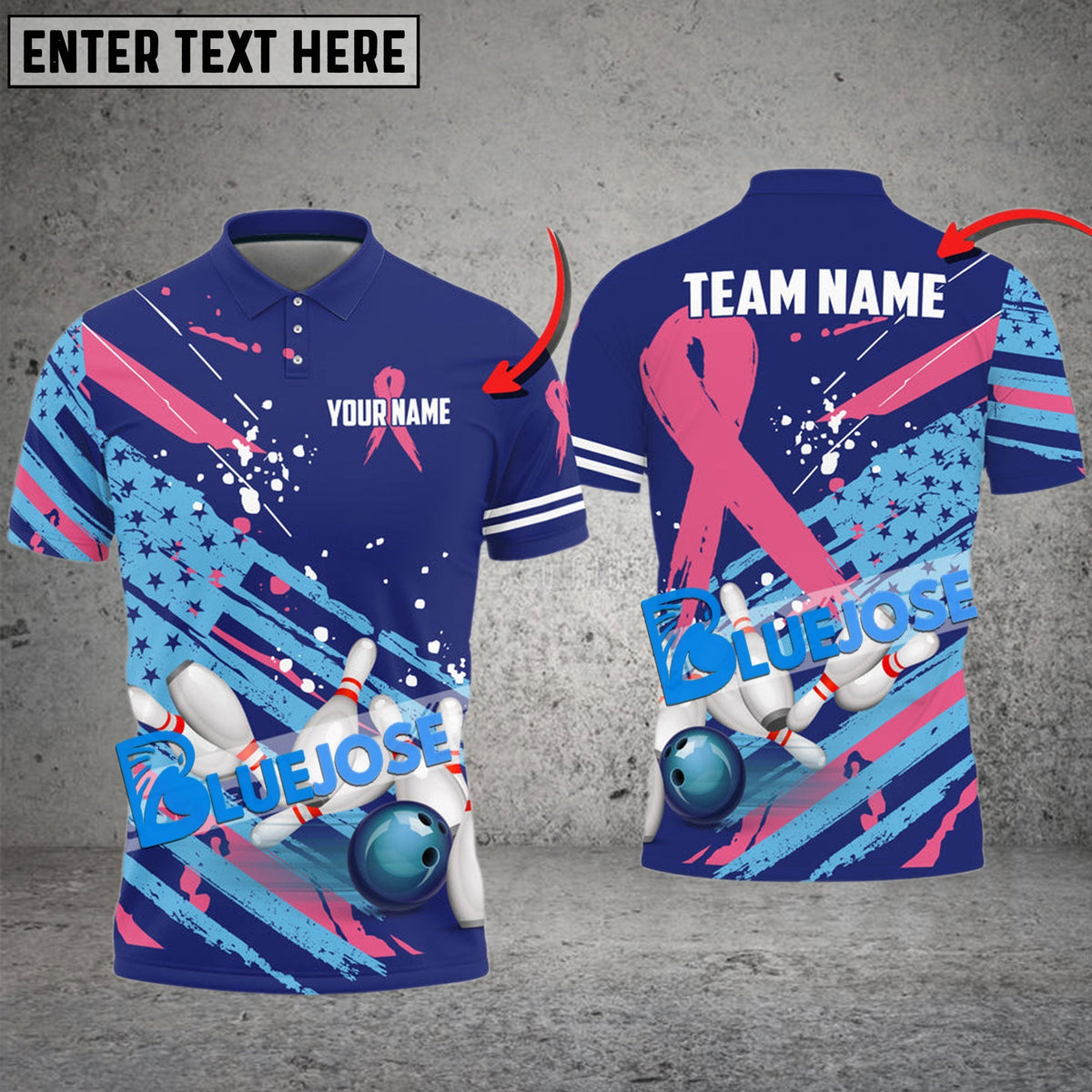 BlueJose Bowling Pink Ribbon American Flag Pattern Customized Name, Team Name 3D Shirt