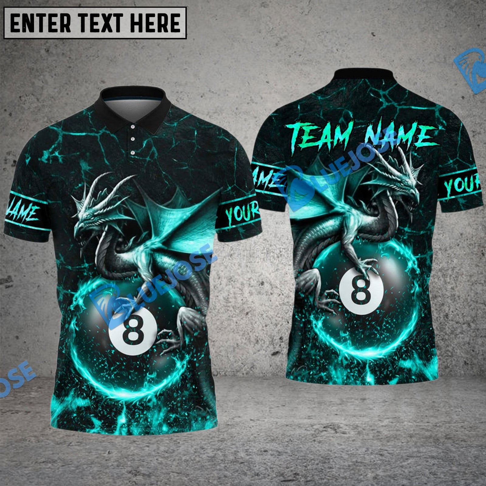 BlueJose Billiards Ball 8 Baby Fire Dragon Personalized Name, Team Name Unisex Shirt (4 Colors)