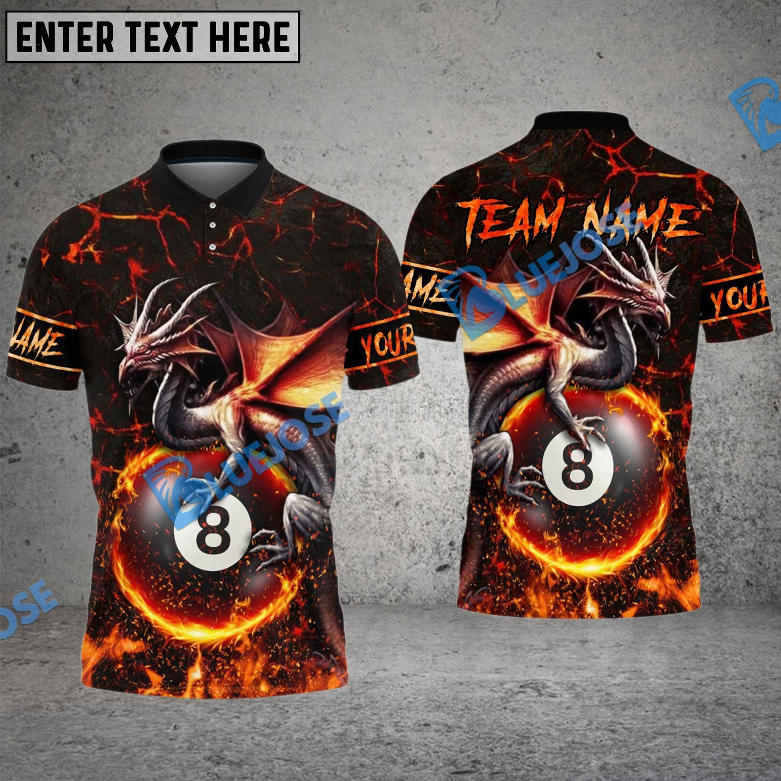 BlueJose Billiards Ball 8 Baby Fire Dragon Personalized Name, Team Name Unisex Shirt (4 Colors)