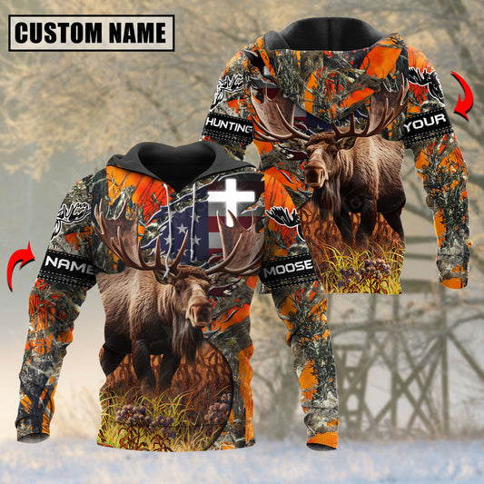 BlueJose Orange Wilderness Moose Hunting Personalized Name 3D Shirt