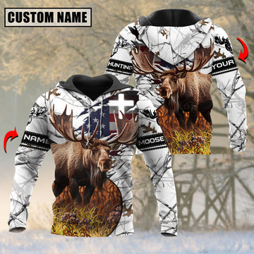 BlueJose White Wilderness Moose Hunting Personalized Name 3D Shirt