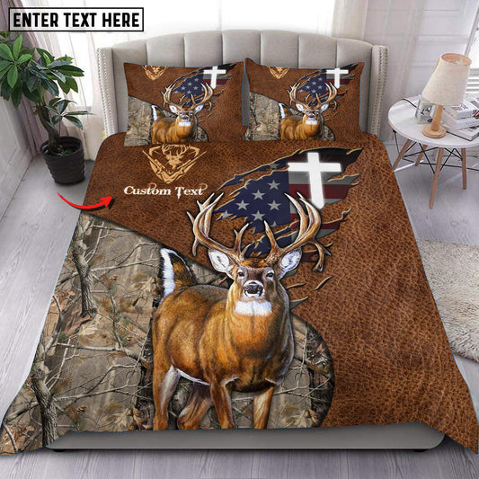 Bluejose Custom Text Deer Hunting USA Flag Bedding Set 3D All Over Printed