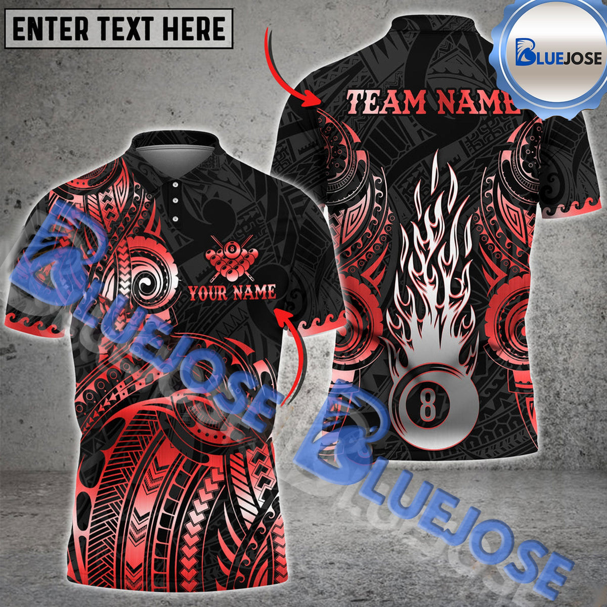 BlueJose Billiards Ball 8 Flame Maori Tattoo Personalized Name &amp; Team Name Shirt (4 Colors)