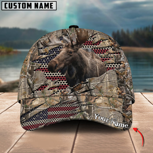 BlueJose Moose Hunting American Flag Camo Crack Personalized Cap ( 2 Colors )