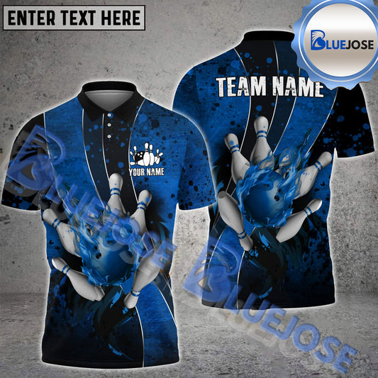 BlueJose Bowling And Pins Curved Silk Flame Customized Name 3D Shirt (4 Colors)